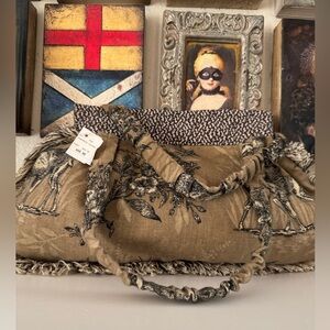 Vintage-Inspired Toile Fabric Handbag‎ with Ruched Handles